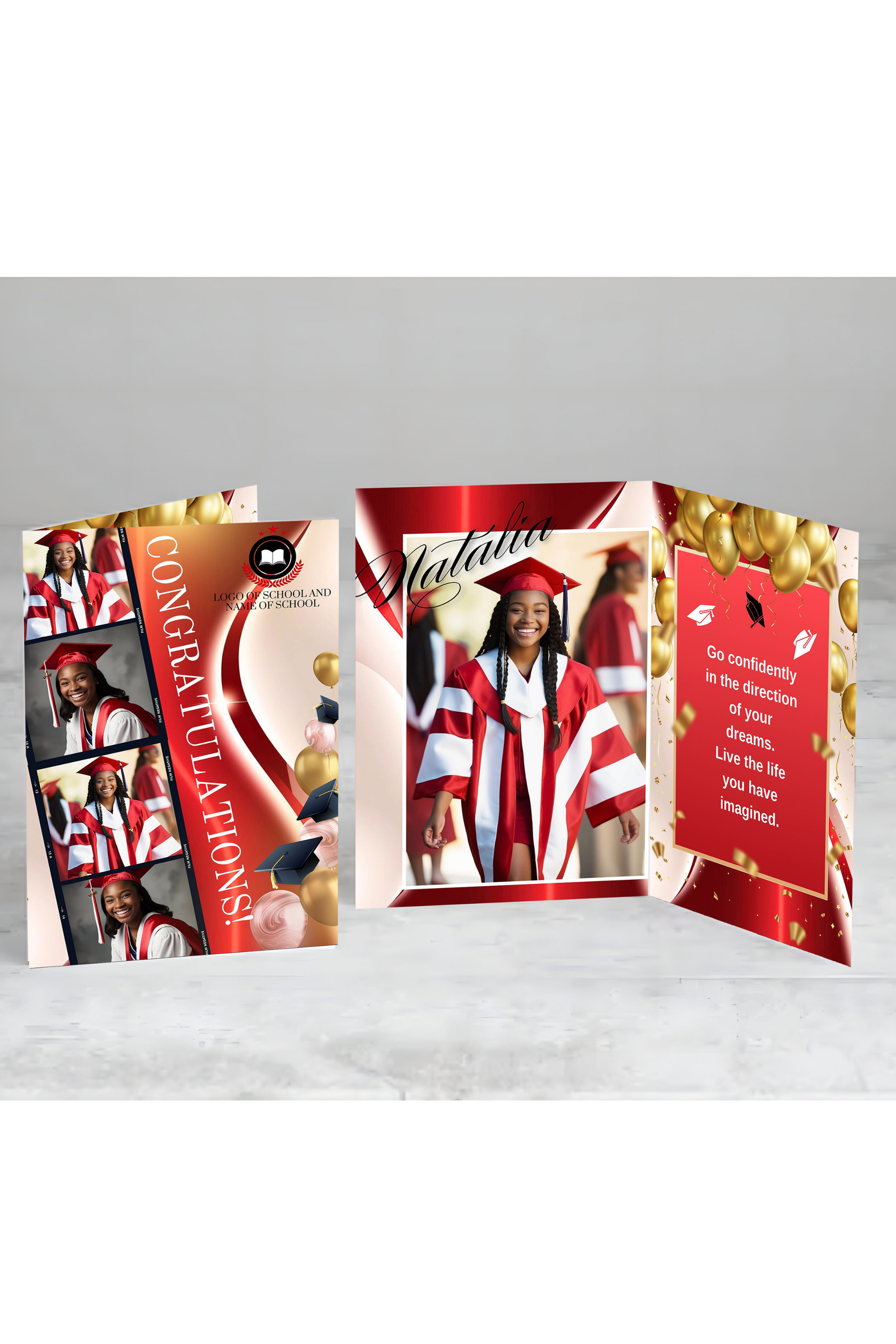 Graduation card with photos of a graduate in red gown, congratulatory text, and gold balloons.