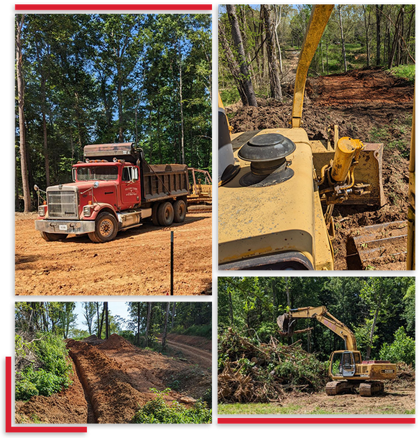 A dump truck is driving down a dirt road next to a bulldozer