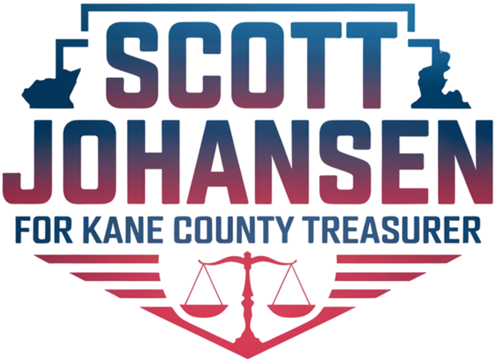 Logo for Scott Johansen for Kane County Treasurer with scales of justice and outlines of states.