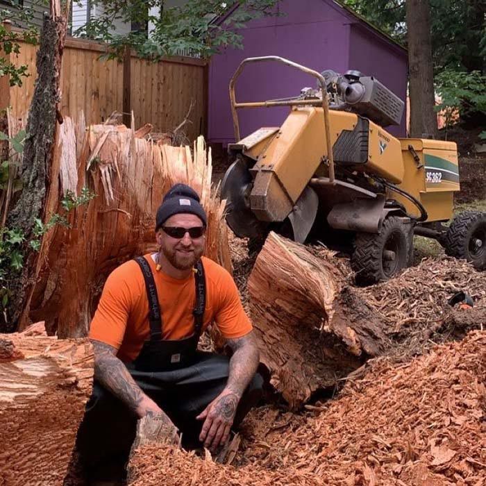 A man is kneeling in front of a stump grinder with a purple house in the background