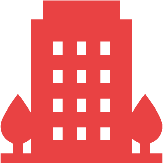 A red building with trees in front of it on a white background.
