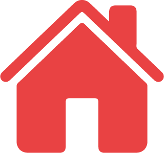 A red house with a white roof and chimney on a white background.