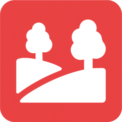 A red icon with two trees on a hill
