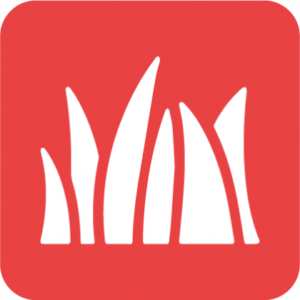 A red square with a white silhouette of grass on it