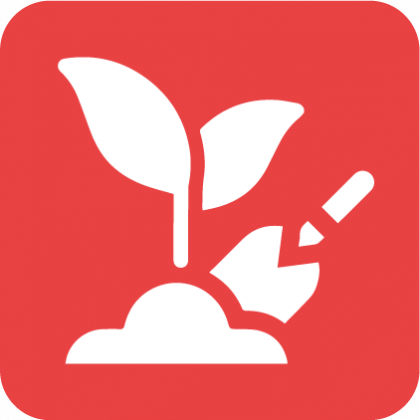 A white icon of a plant growing out of the ground on a red background.