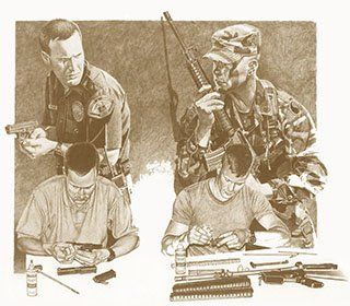 A brown and white drawing of soldiers and a police officer