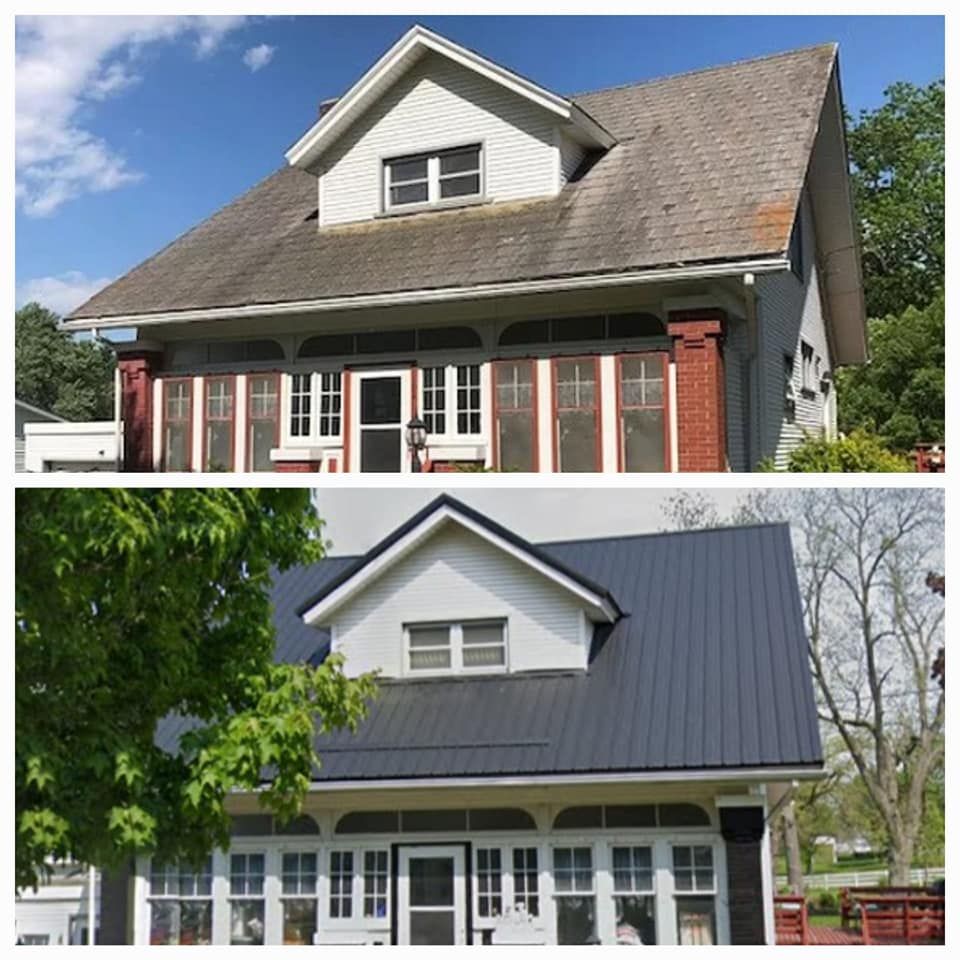 Before and after view of a house; old gray roof versus new dark metal roof.