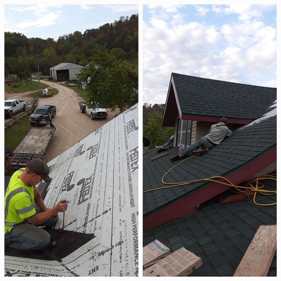 Two photos showing roofers working on rooftops. One photo shows a man applying material, the other shows two men.