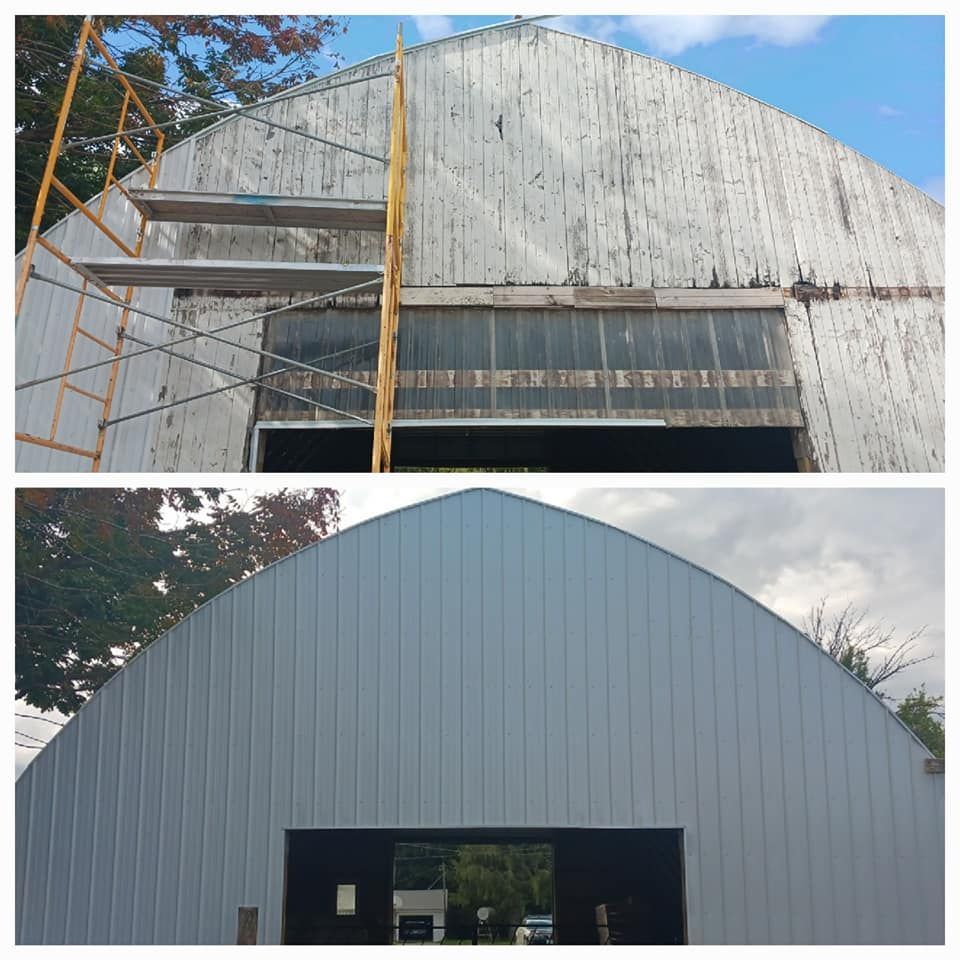 Comparison of a barn before and after a renovation, with the old wooden siding above and new metal siding below.
