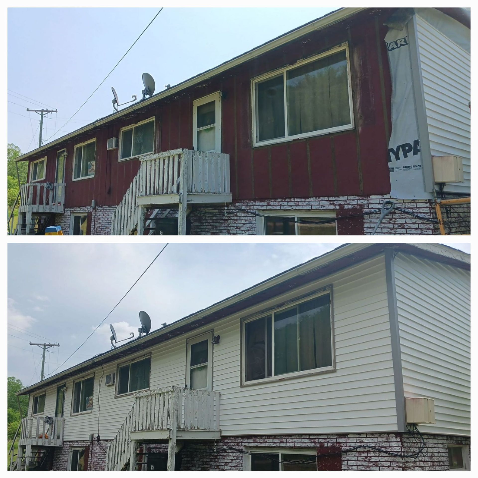 Two-panel comparison of a two-story building's exterior before and after siding replacement.