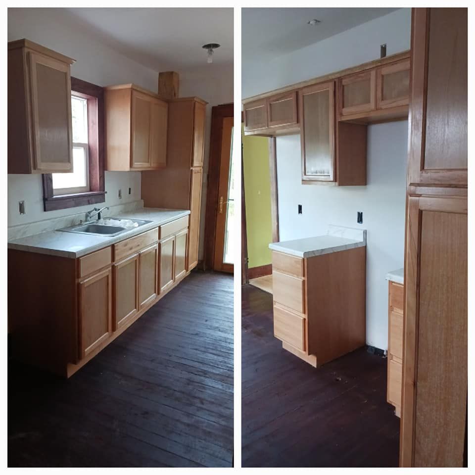 Two photos of a kitchen remodel with light wood cabinets, white countertops, and dark wood floors.