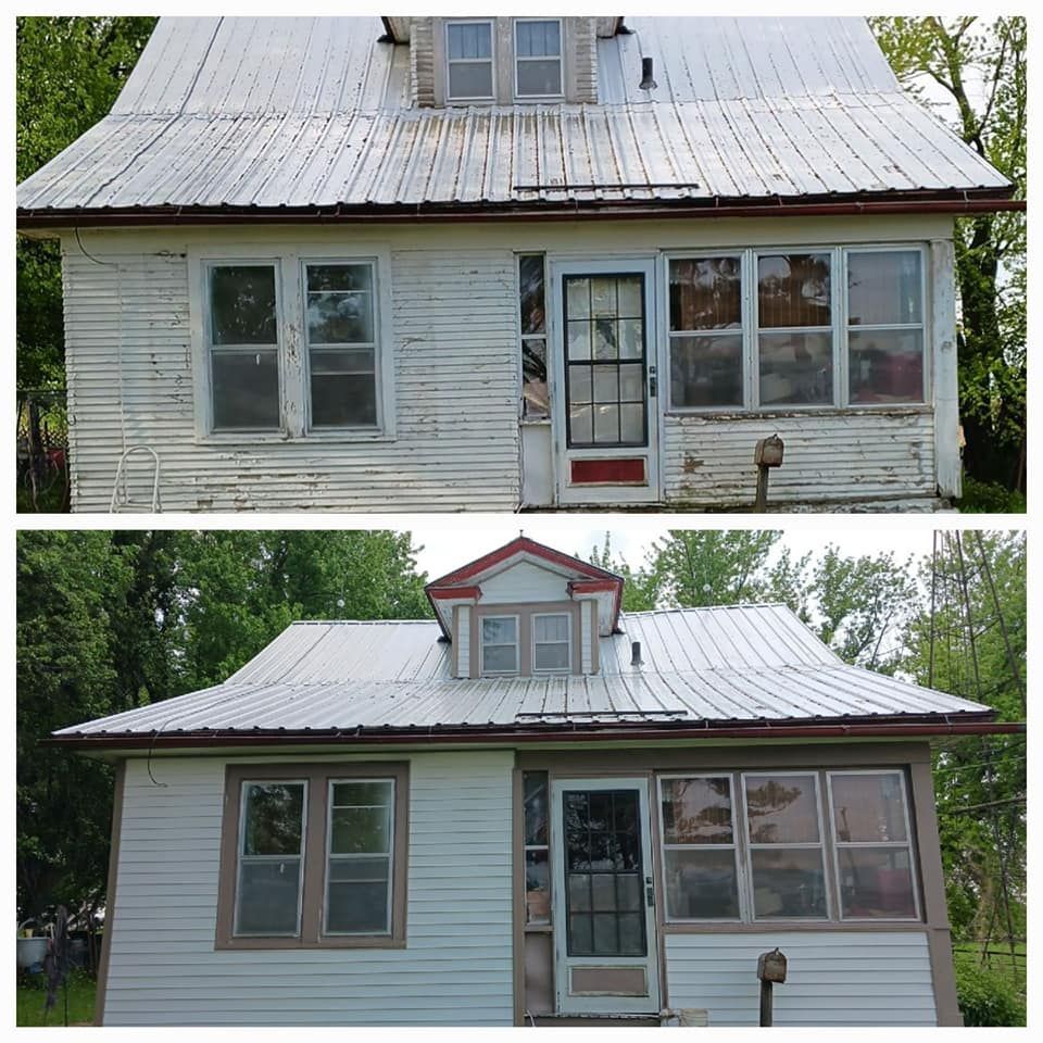 Before and after photos of a small white house with a metal roof; the