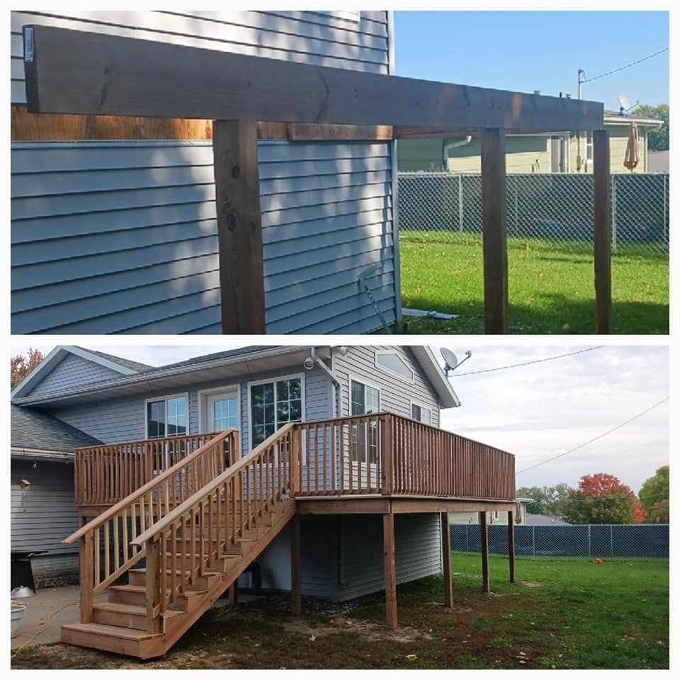 Two-part image: top shows a wooden beam structure attached to a house; bottom shows a wooden deck with stairs.
