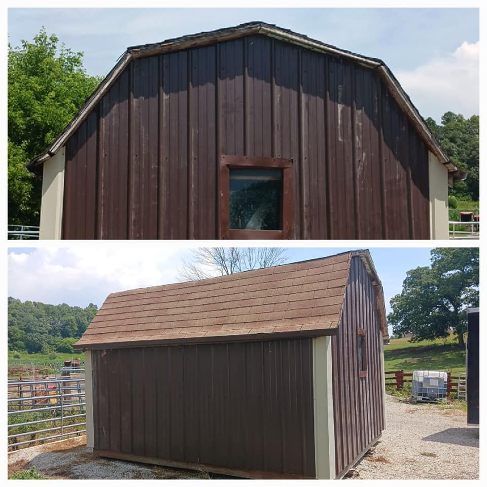 Top: Brown barn siding with worn paint, small window.
Bottom: Refurbished barn with brown siding and roof.
