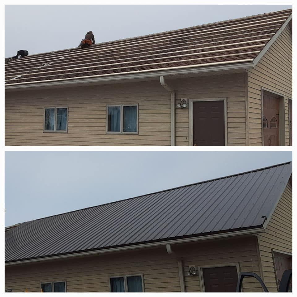 Two images: before and after roof replacement. Top: brown shingle roof with workers. Bottom: dark brown metal roof.