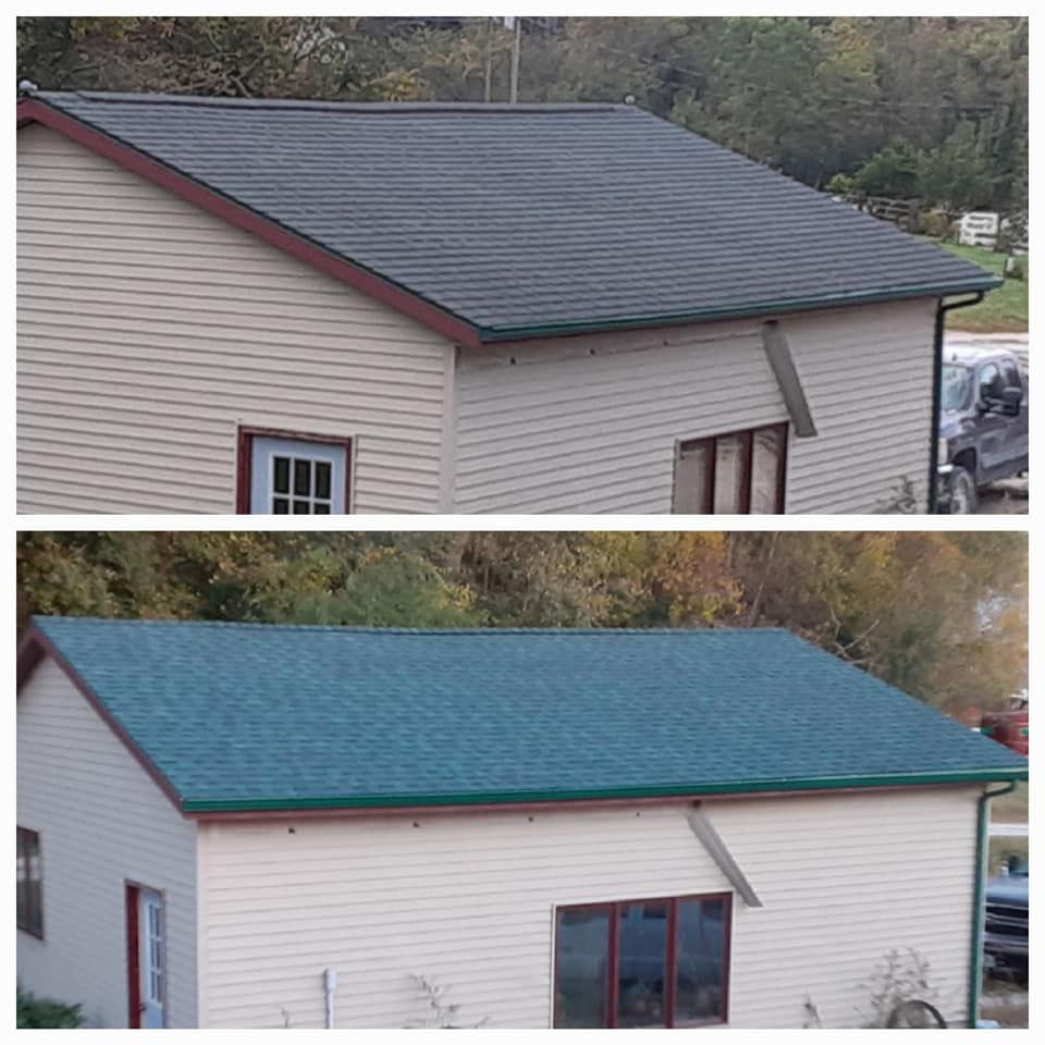 Comparison of a house with a gray roof (top) and a house with a teal roof (bottom).