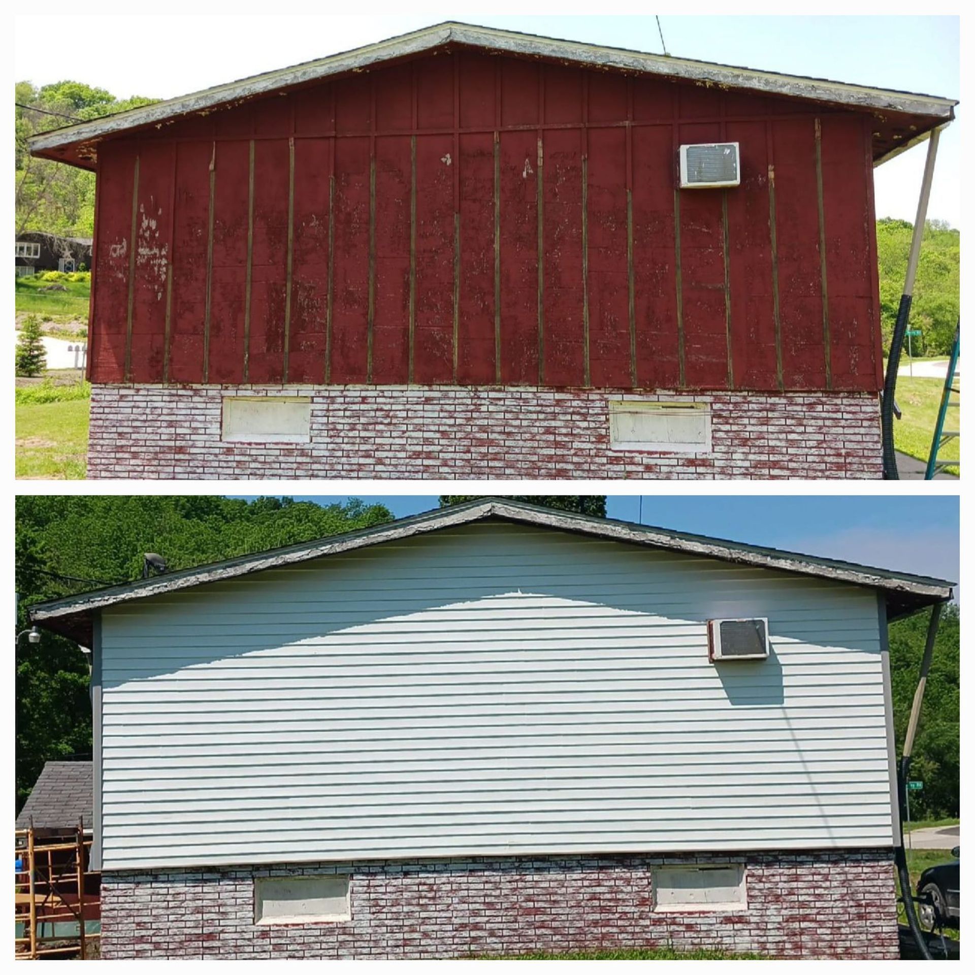 Before-and-after of a house exterior. Top: red siding, brick base. Bottom: light blue siding, brick base.