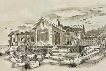 Black and white sketch of a house with a garden. Cloudy sky in background.