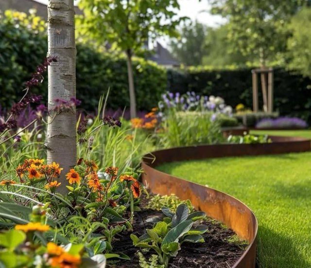 Lush garden bed with orange flowers, bordered by curved rusty metal edging, and green lawn.