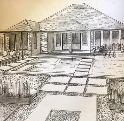 Pencil sketch of a modern home with a pool and stone patio, showcasing architectural design and landscaping.