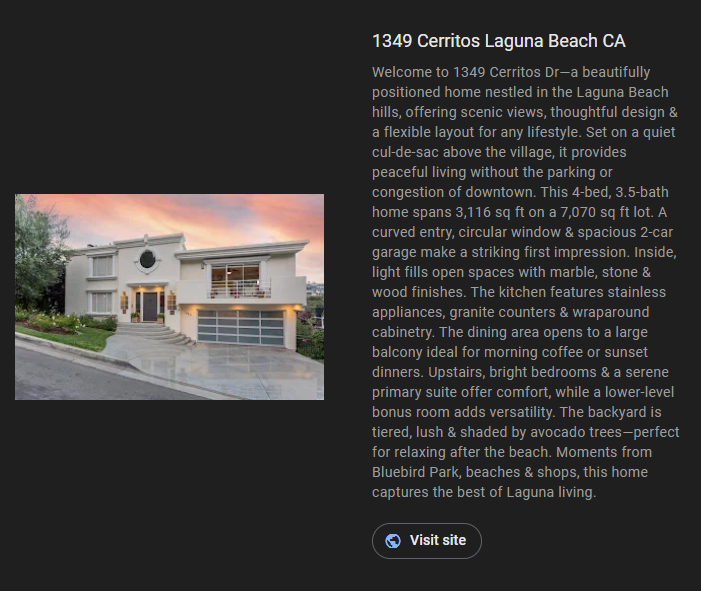 Exterior of a modern house in Laguna Beach, California, with text description and 