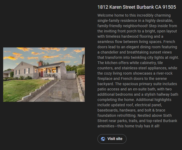 House for sale: Exterior view, address 1812 Karen Street Burbank, CA. Text highlights features and amenities.