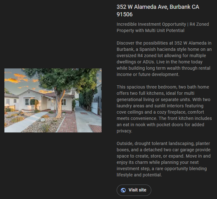 Real estate listing for a Spanish-style home at 352 W Alameda Ave, Burbank, CA, with investment potential.