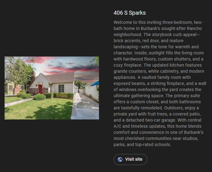 Front view of a house at 406 S Sparks in Burbank, with a description of the home and a 