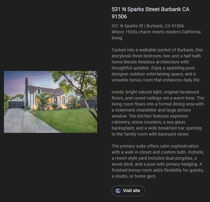 House exterior and description: 531 N Sparks Street, Burbank. Storybook home with three bedrooms, a pool, and bonus rooms.
