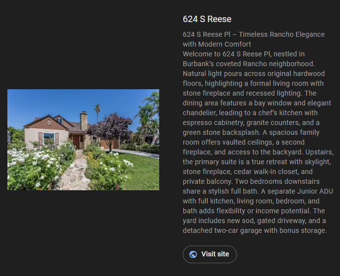 Real estate listing for 624 S Reese Place, a single-story home with a stone path, lush landscaping, and a blue sky.