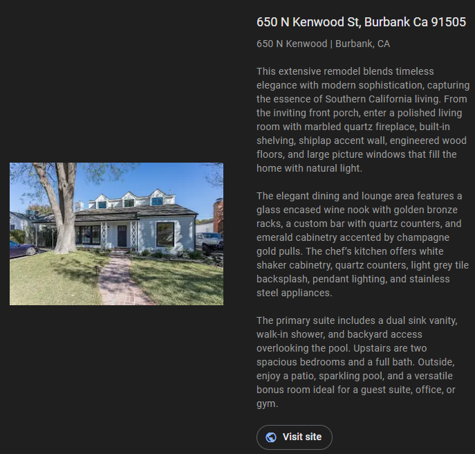 Real estate listing: House exterior with description of features and address in Burbank, CA.