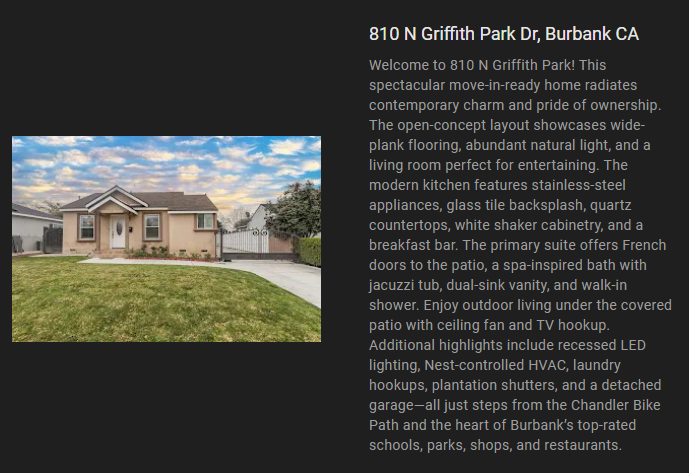 Exterior view of a house at 810 N Griffith Park Dr, Burbank, CA, with descriptive text, highlighting features like open layout and modern kitchen.