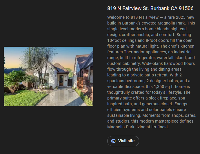 Exterior of a modern house in Burbank, CA, with a description of its features.