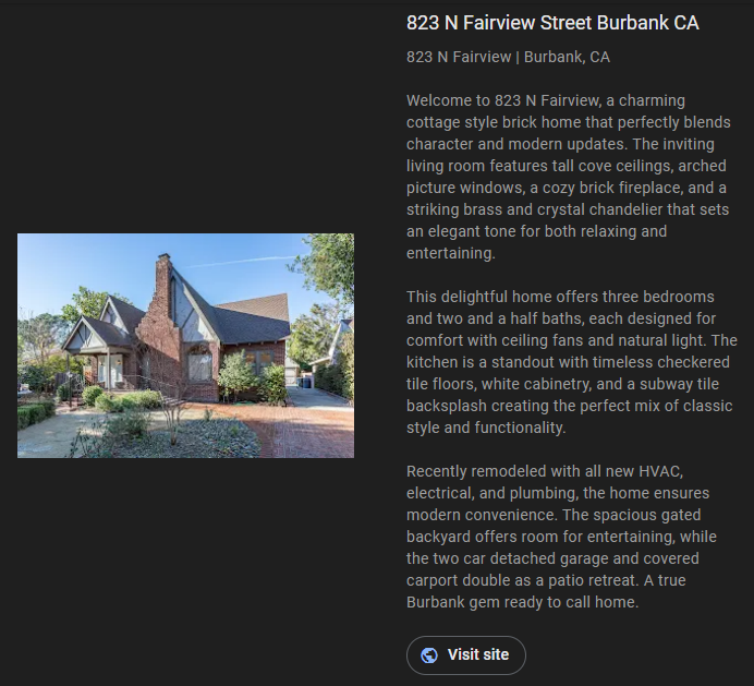 Exterior of a brick cottage-style home with text description. Address: 823 N Fairview Street Burbank CA.