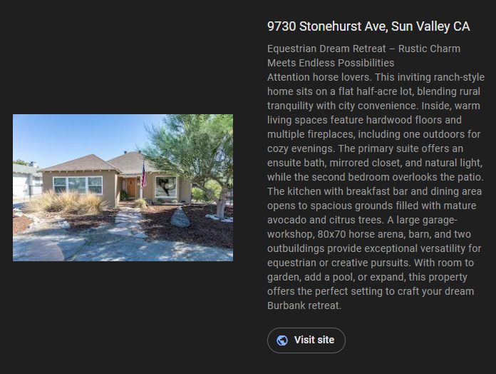 Front of a ranch-style house in Sun Valley, CA with text describing the property and its features.