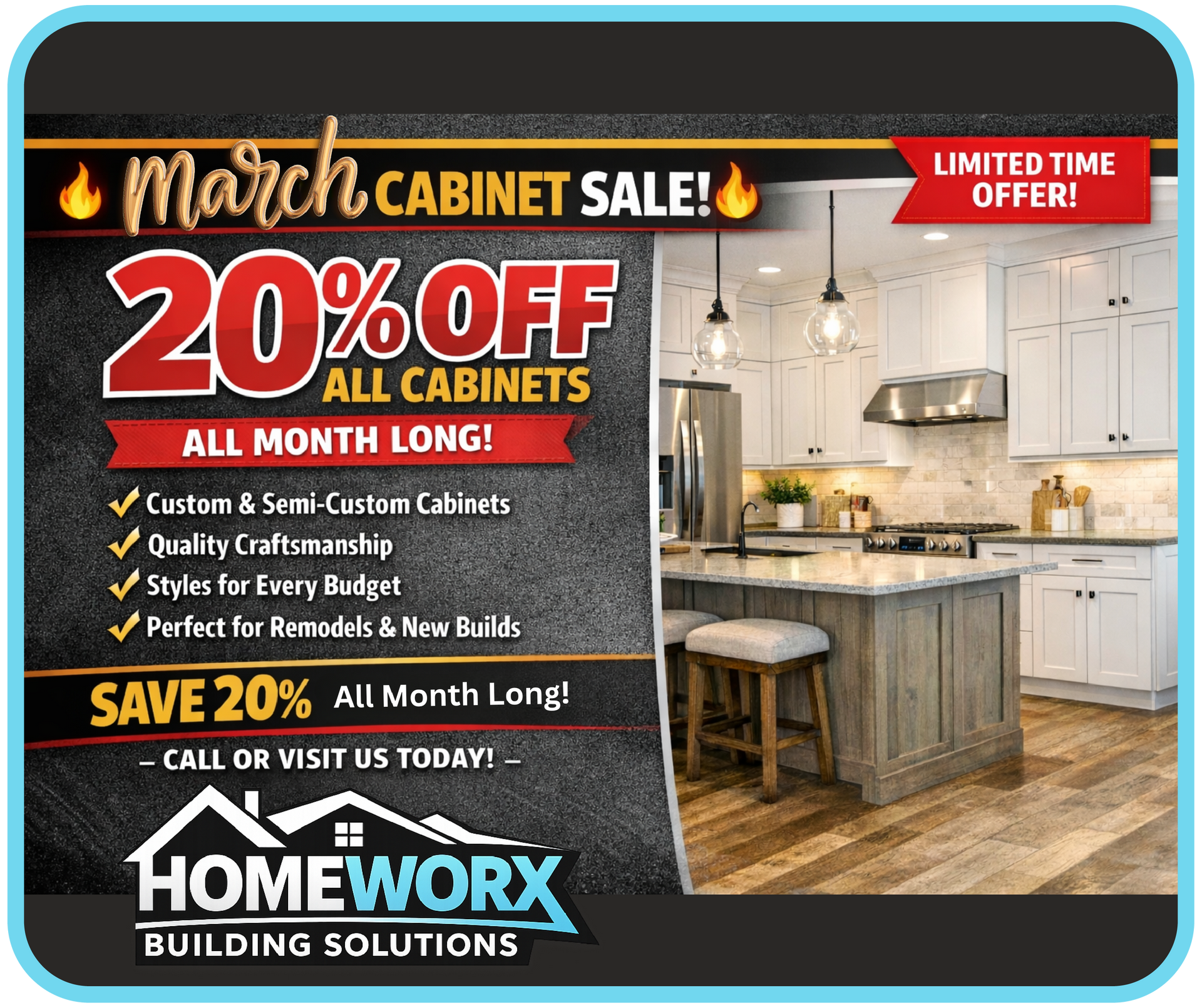 Advertisement for a cabinet sale: 20% off all cabinets, March. Features a kitchen with white cabinets.