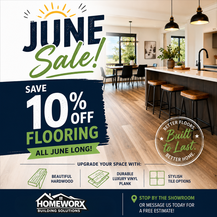 Advertisement for a flooring sale: 10% off flooring all of june. Features a kitchen with hardwood flooring.