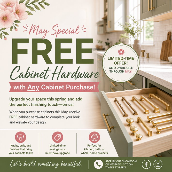 Advertisement for a cabinet sale: 20% off all cabinets, March. Features a kitchen with white cabinets.