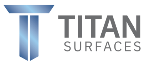 Titan Surfaces logo: stylized blue letter 