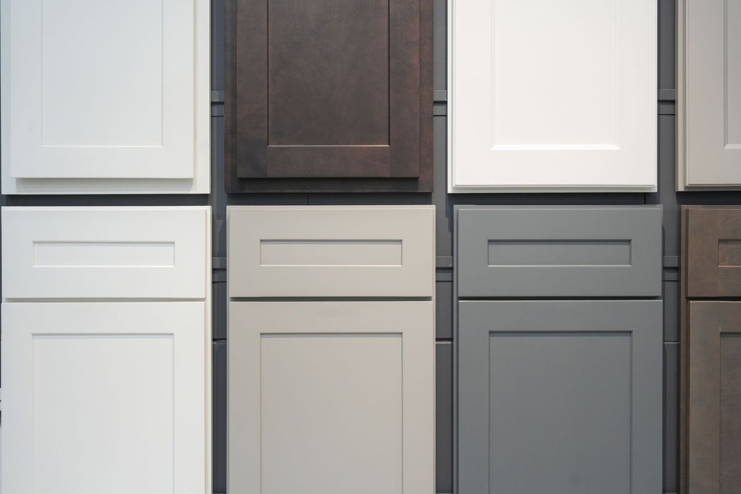 Cabinet door samples in various colors: white, gray, and brown.