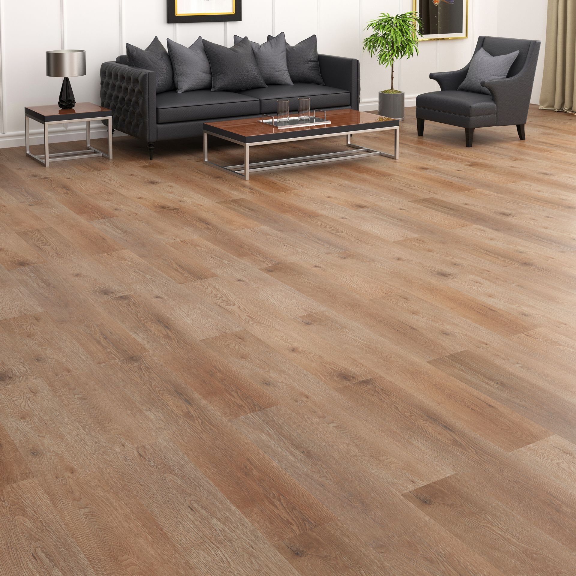 Living room with wooden floors, sofa, armchair, coffee table, and side table.