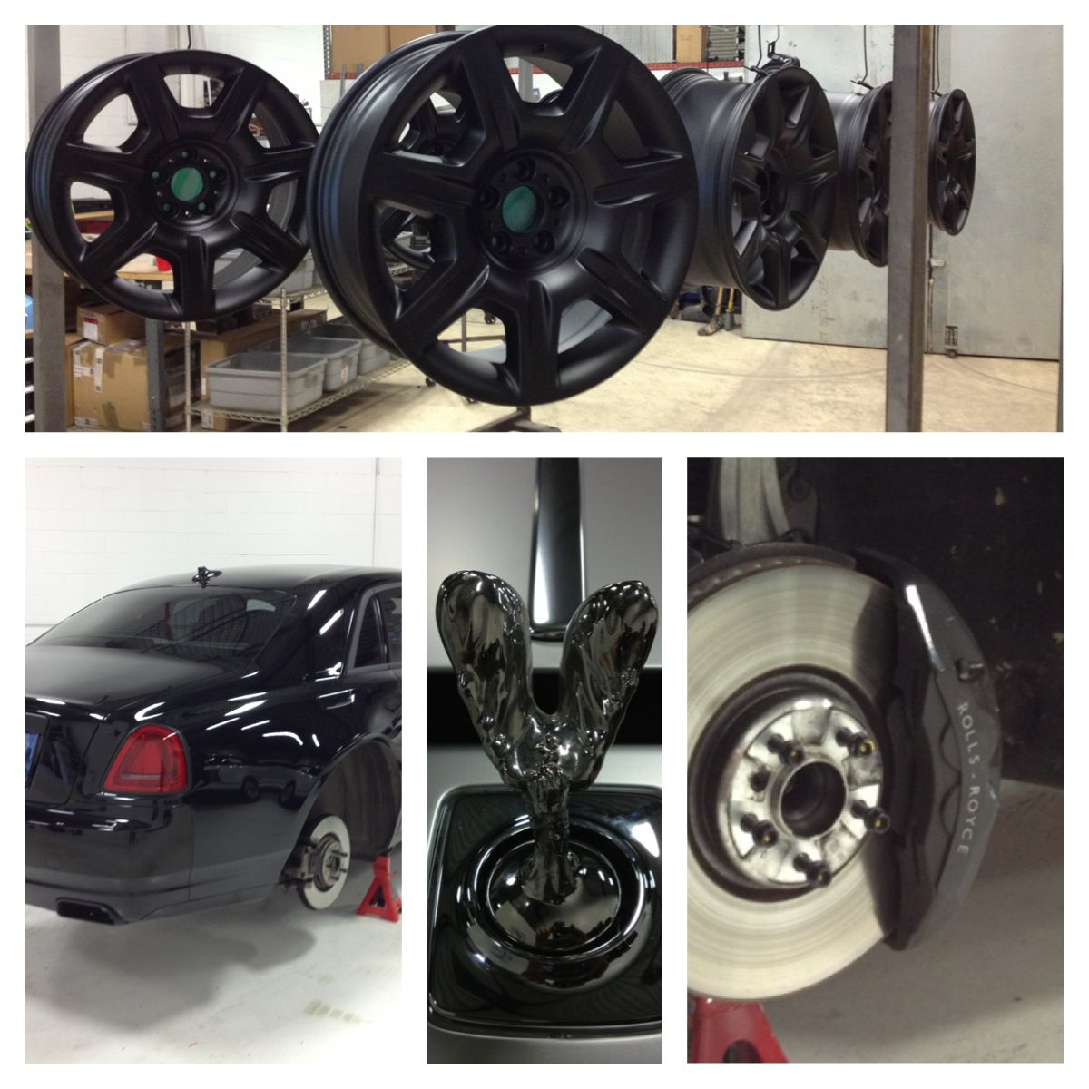 Black car wheels and components being painted black. A black Rolls Royce in a shop.