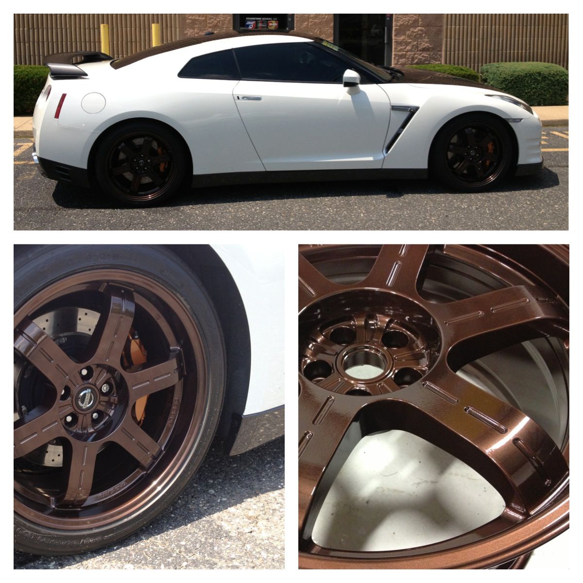 White Nissan GT-R with bronze-colored wheels parked outside. Close-up views show wheel details.