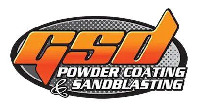 Logo for GSD Powder Coating & Sandblasting, orange and black text on a gray background, inside a black oval.