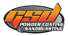Logo for GSD Powder Coating & Sandblasting, orange and black text on a gray background, inside a black oval.