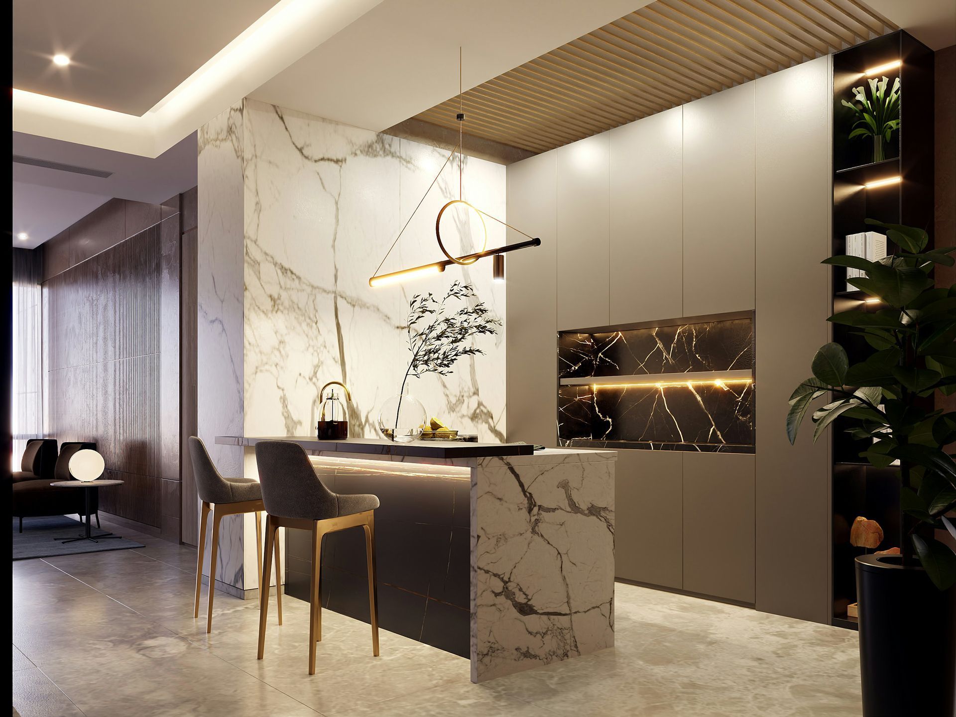 Modern kitchen with marble countertops, bar stools, and overhead lighting.