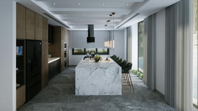 Modern kitchen with large marble island, dark cabinets, and seating. Large windows with outdoor view.