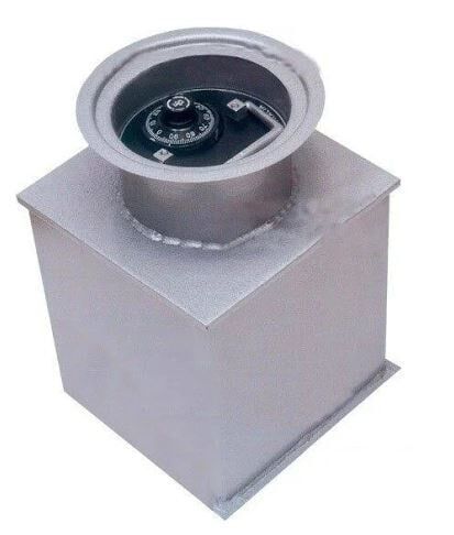 A Stainless Steel Safe With a Round Hole in the Middle on a White Background — Darwin Lock & Key In Coconut Grove, NT