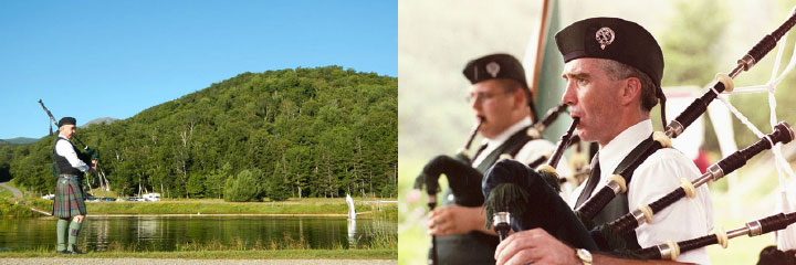 A man in a kilt is playing a bagpipe in front of a mountain.