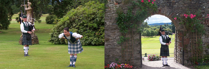 Two men in kilts are playing bagpipes in a park.